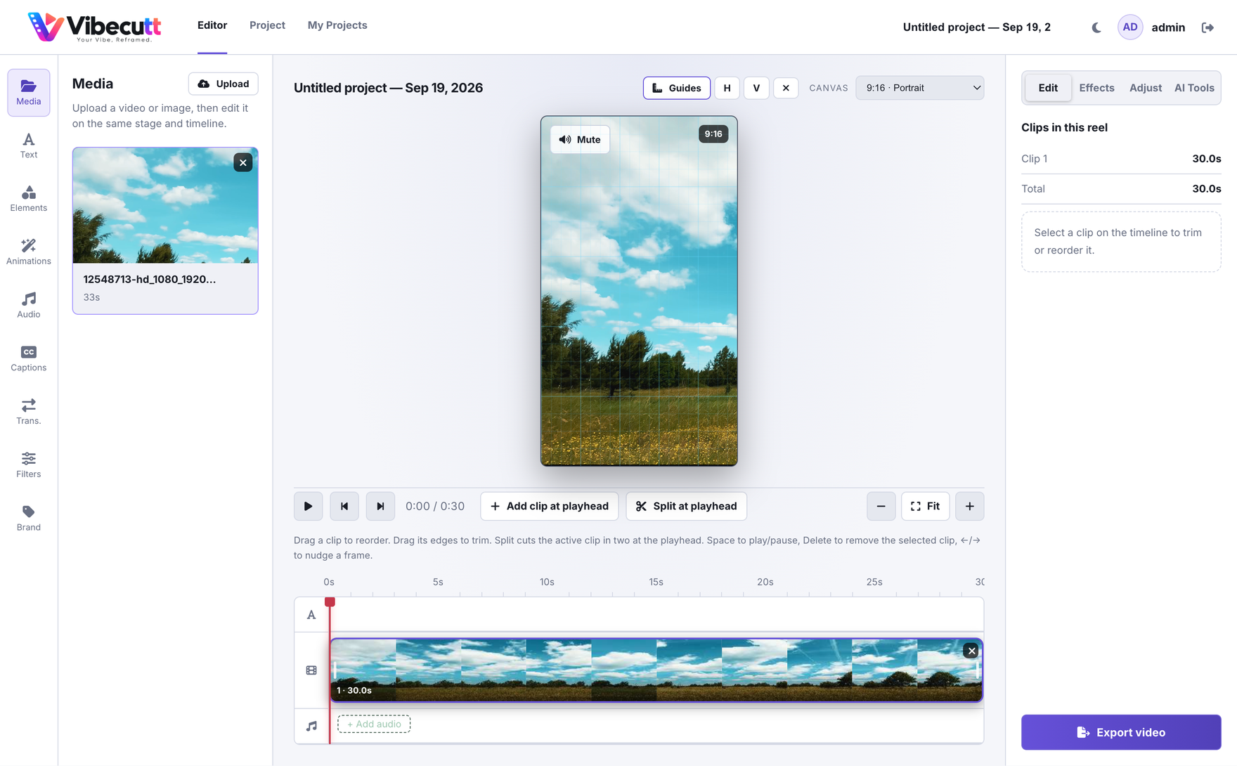 A VibeCut project open in the editor, ready to keep editing.